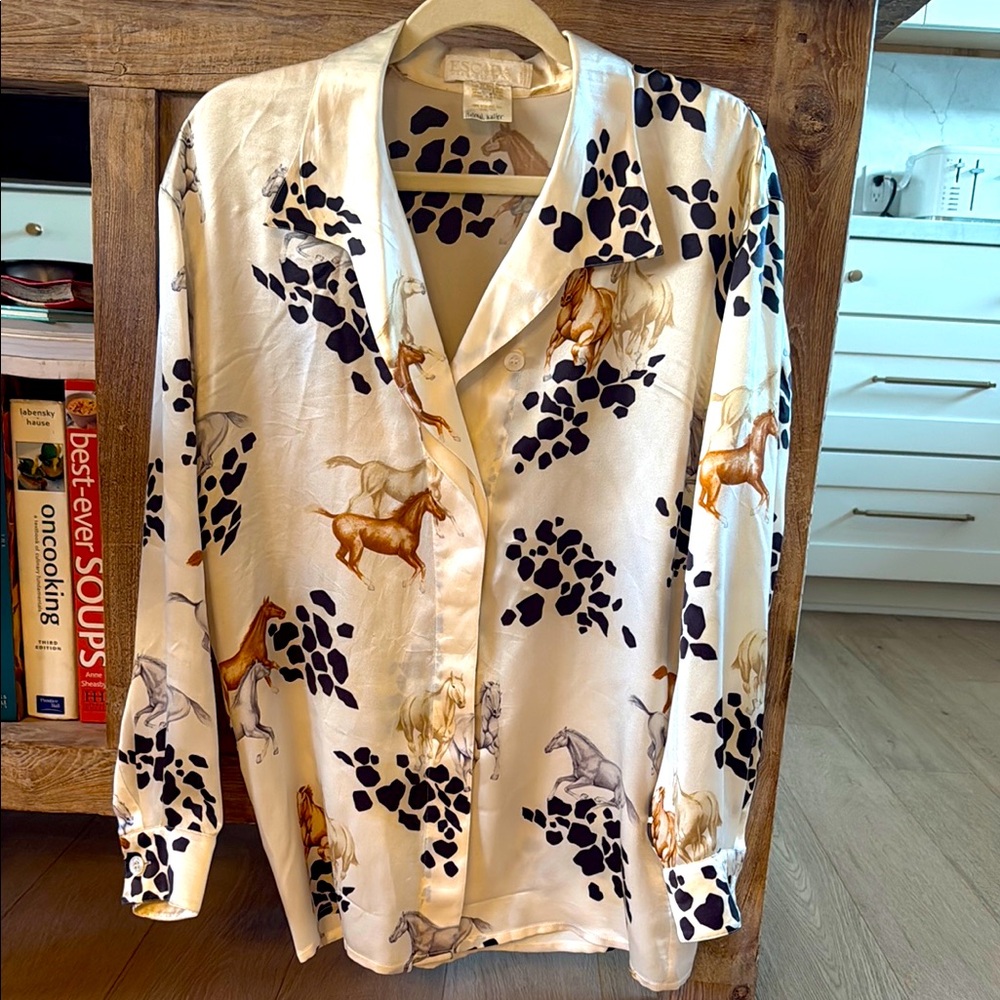Escada Vintage Silk Cream Blouse Running Horses